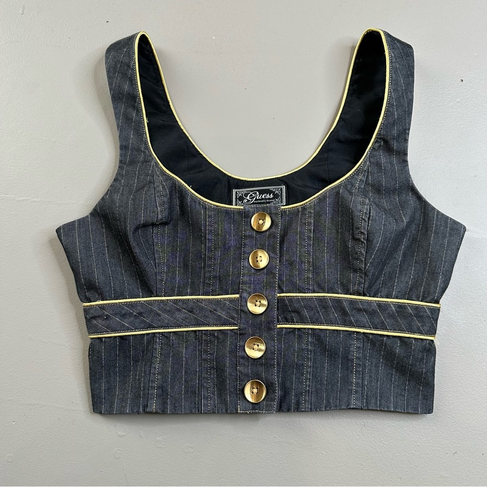 GUESS Pinstripe Crop Top XS Denim Bustier Vest Gold Buttons Y2K Belted